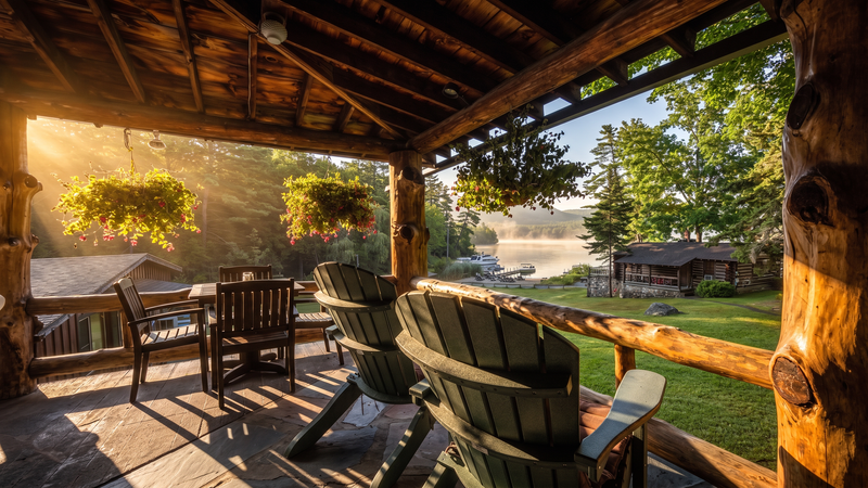 A covered porch with wooden furniture and hanging baskets overlooking a lake.