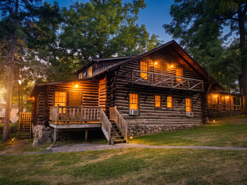 A log cabin with a porch and balcony at dusk.