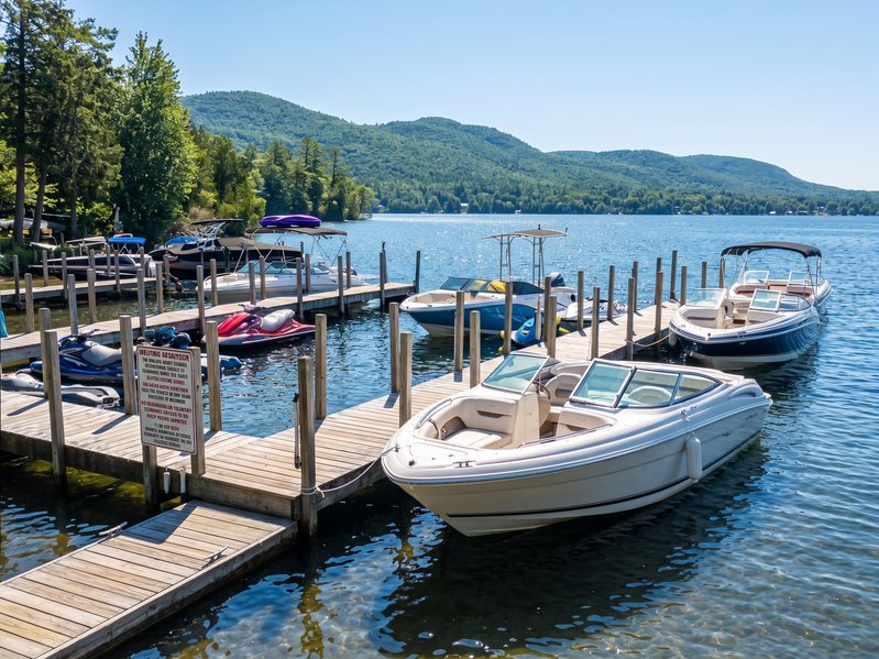 A wooden dock with boats and jet skis on a lake with mountains in the background.